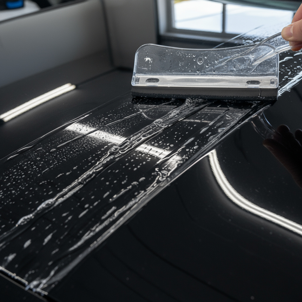 PPF-Folie wird auf glänzende Motorhaube aufgebracht