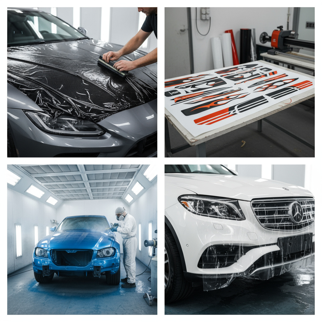 Collage: Folierung, Druck, Lackkabine und PPF-Anwendung